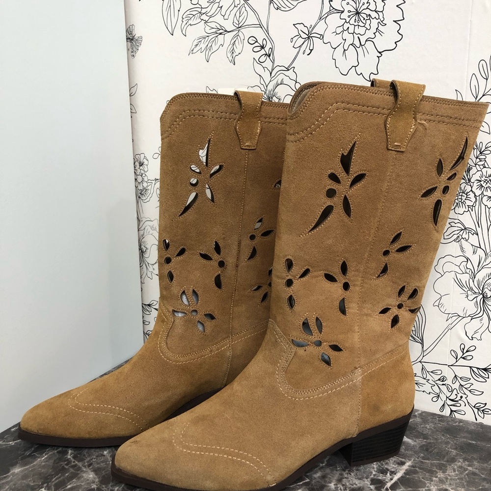 Tan Suede Western Cutout Mid-Calf Boots